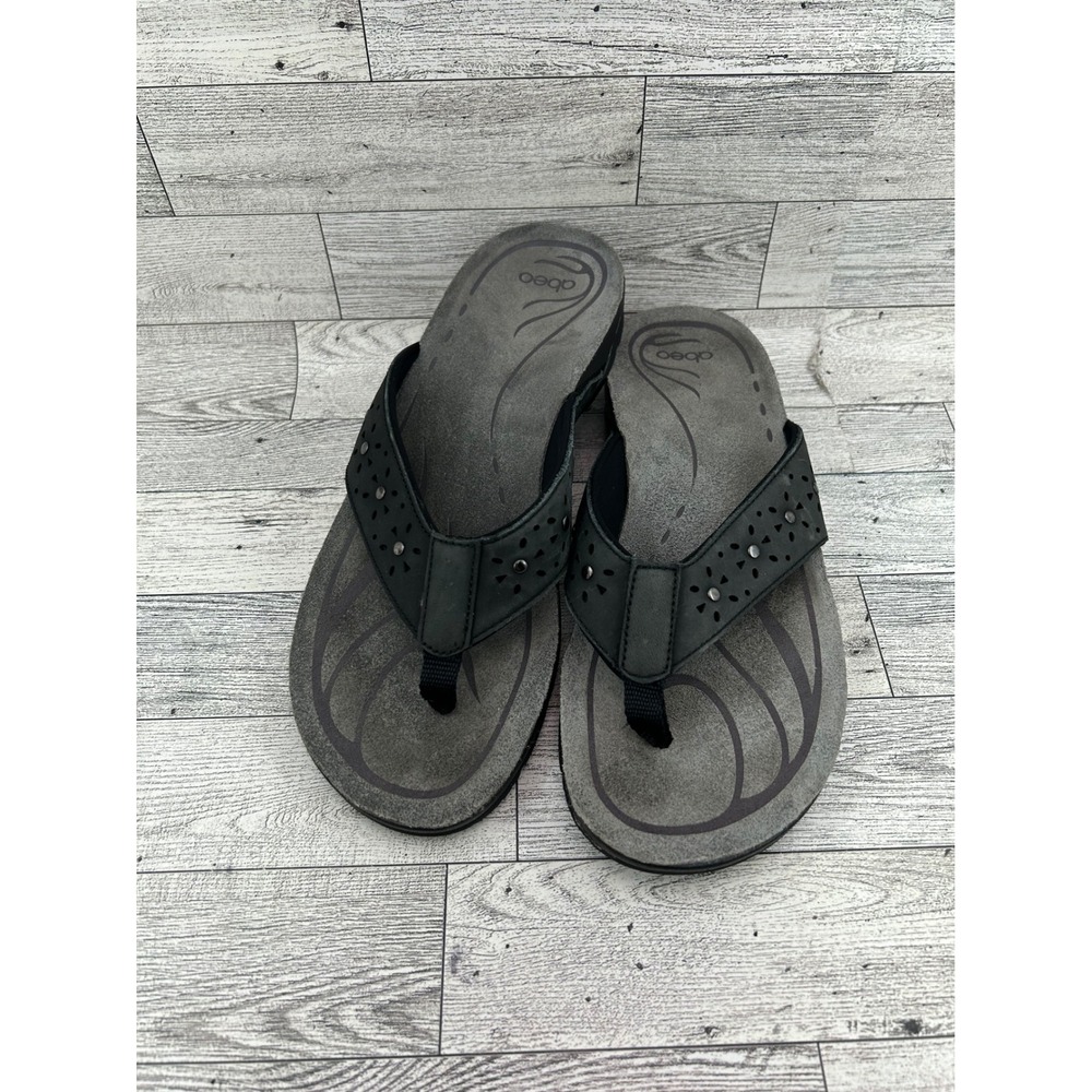 Abeo Abbie AWC23 Black Leather Orthotic Thong Sandals Women Sz 8N Studded Floral
